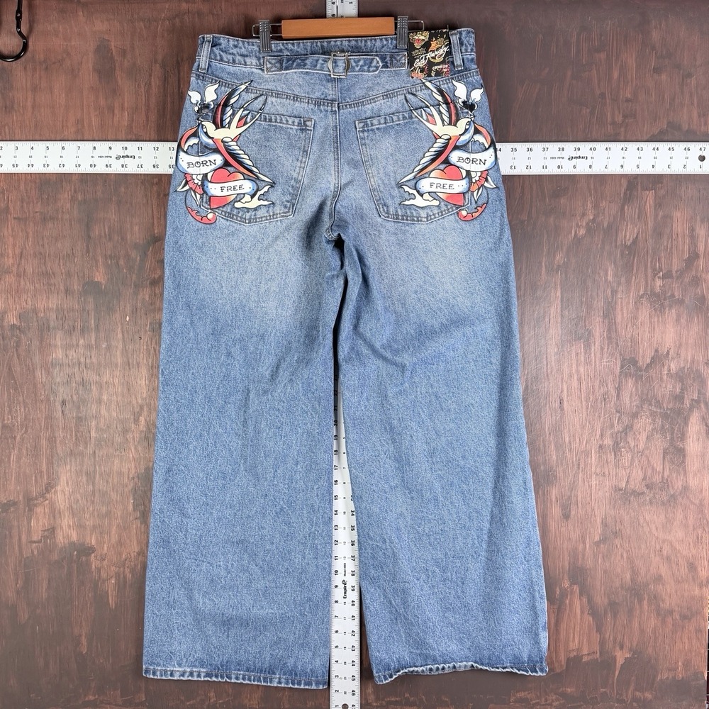 Ed Hardy Y2K Buckle Back Denim Jeans Size 32x32 Wide‎ Leg Baggy JNCO Born Free